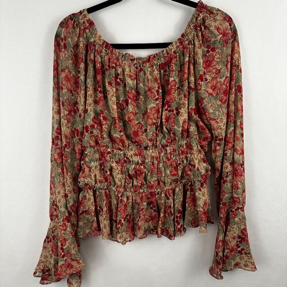 Kori Floral Women's Blouse Lined Gathered Waist Floral Pink Brown‎ Size L - Picture 2 of 6
